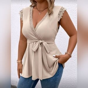 Curve Plus Size‎ Lace Trim Beige Wrap Top Great For Apron Belly, Post Pregnancy